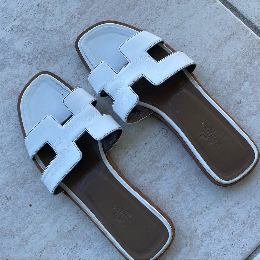 Authentic White Hermes Oran Leather Slide Sandals Size 6